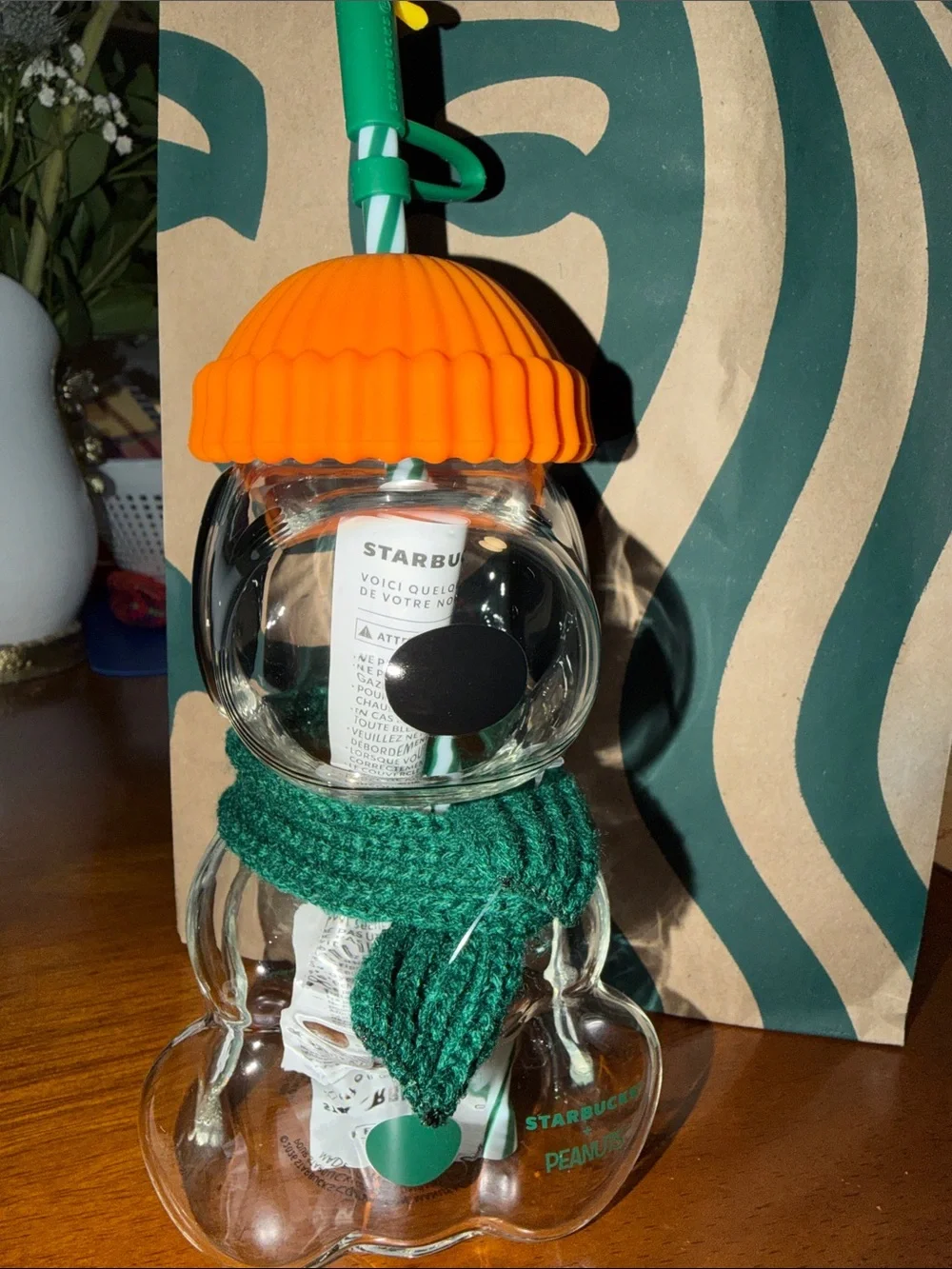 Starbucks Glass Snowman Vase with Orange Hat and Green Scarf